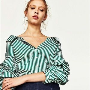 Zara Green White Striped Open Neck Button Down Shirt